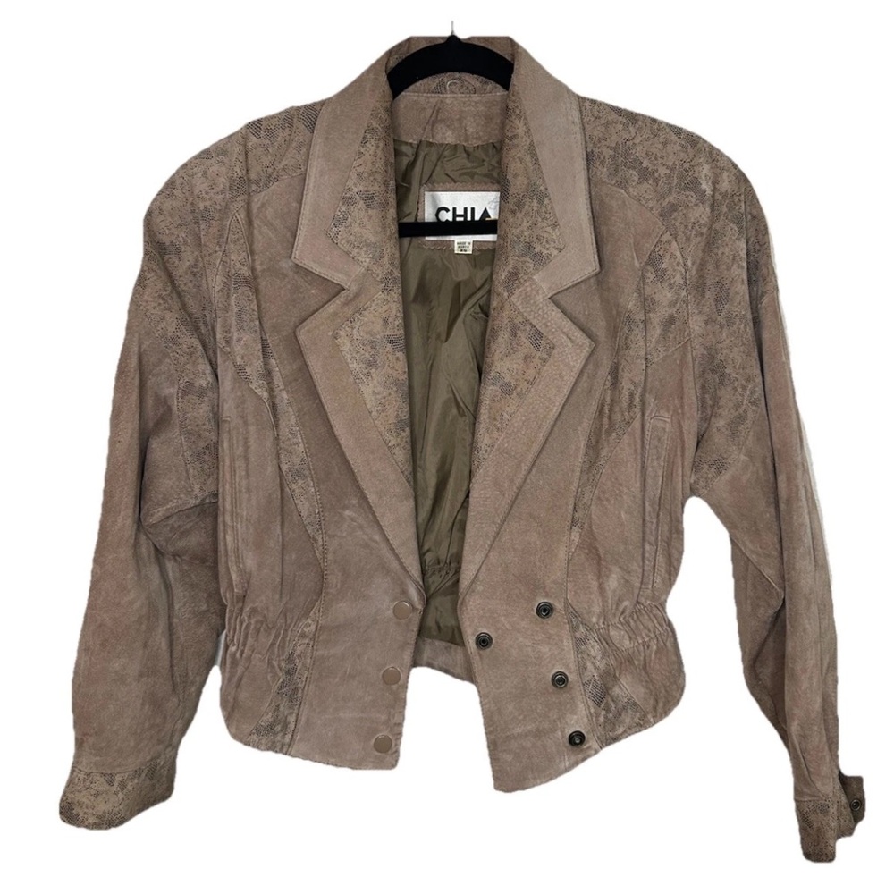 Vintage 90’s CHIA Cropped Brown Suede Leather Jacket Snake Print Panel Korea XS - Picture 2 of 16